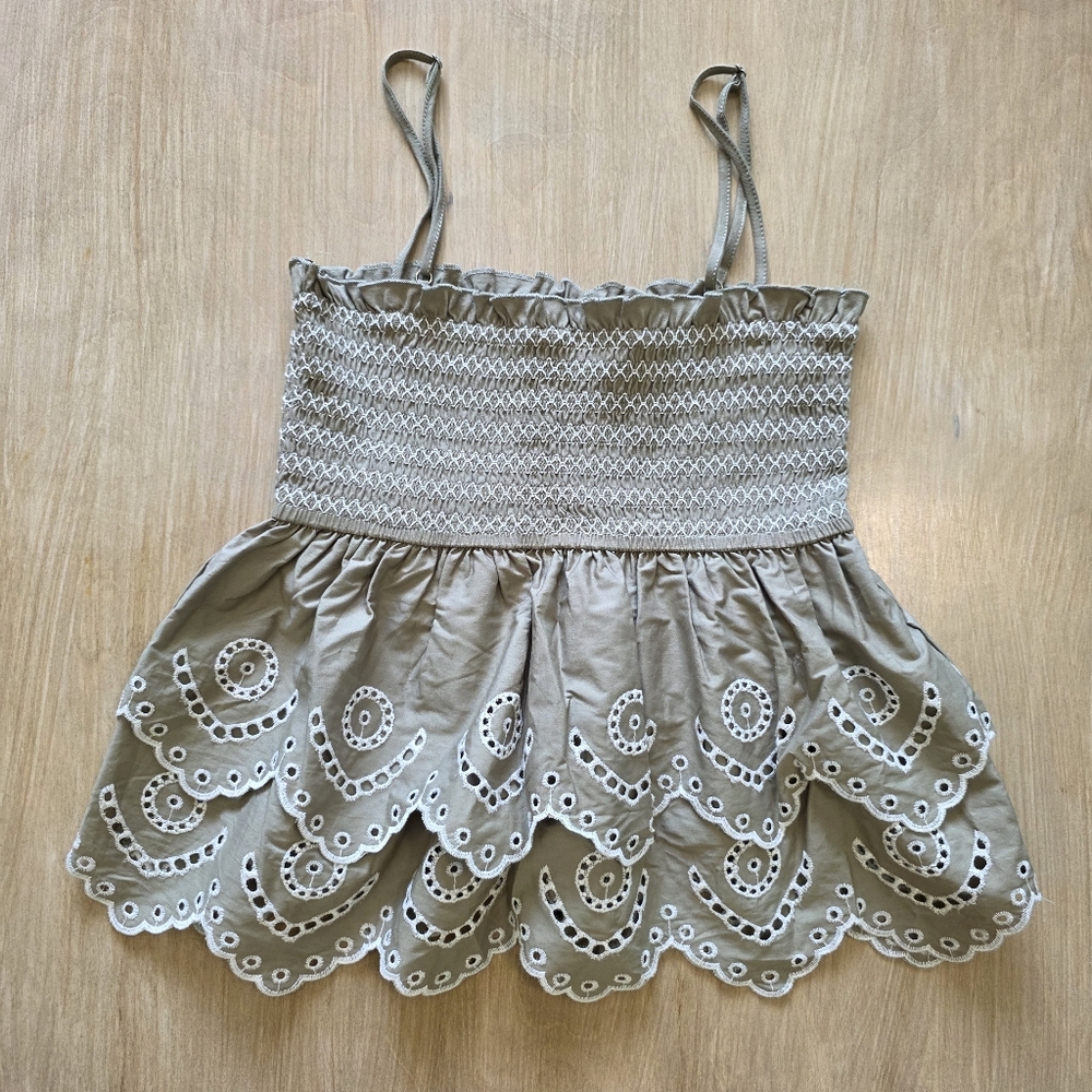 BLENCA Smocked Eyelet Tank | Taupe Embroidered Babydoll Top | Size L